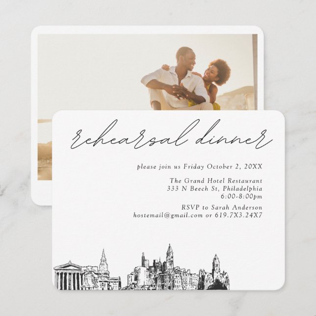 Tarjeta De Recepción Boda de Filadelfia Cena de ensayo elegante (Anverso / Reverso)