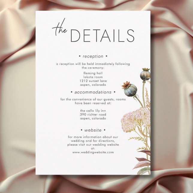 Tarjeta De Recepción Boda de Flor Silvestre Rustic Boho Delicate Fall (Rustic Boho Delicate Fall Wildflower Wedding Details Enclosure Card)