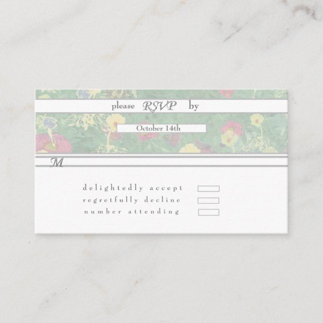 Tarjeta De Recepción Boda de floral verde plateado RSVP (Anverso)