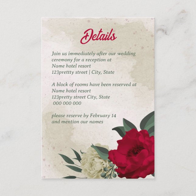 Tarjeta De Recepción boda de flores amarillas pálidas rojas (Anverso)