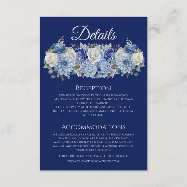 Tarjeta De Recepción Boda de flores azul acuarela - (Anverso)