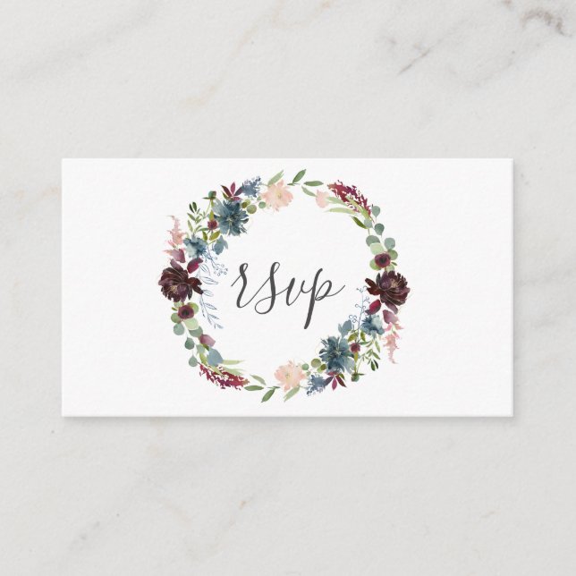 Tarjeta De Recepción Boda de flores de borgoña y azul RSVP (Anverso)