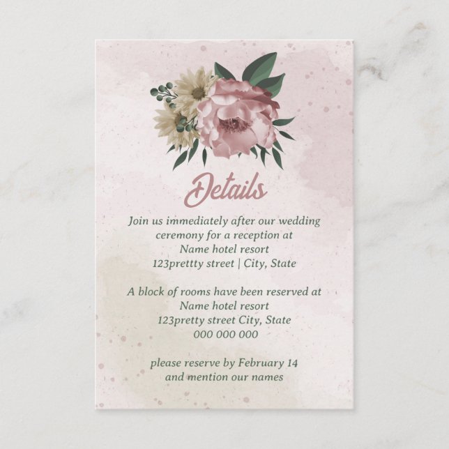 Tarjeta De Recepción boda de flores de champán rosa (Anverso)