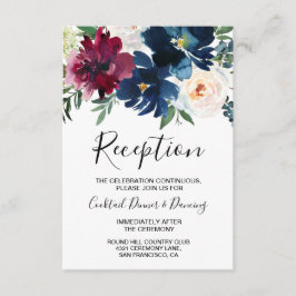 Tarjeta De Recepción Boda de flores de color naval burdeos acuarela