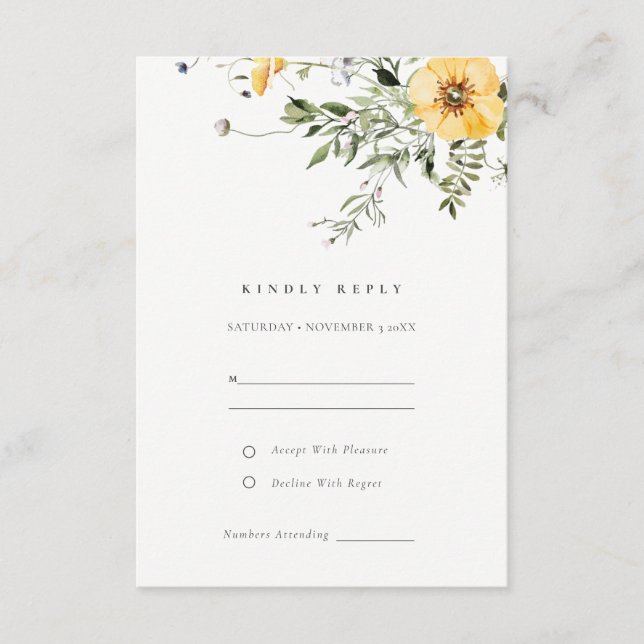 Tarjeta De Recepción Boda de flores de flores silvestres amarillas Lila (Anverso)