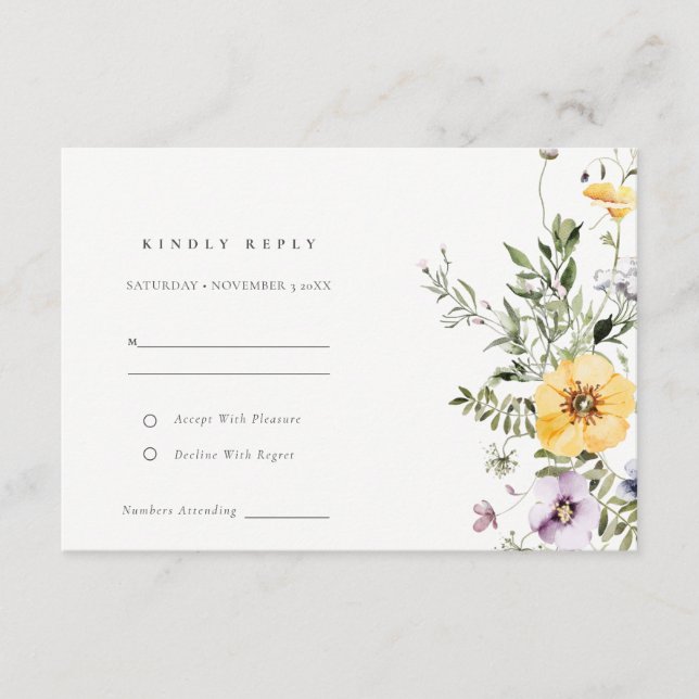 Tarjeta De Recepción Boda de flores de flores silvestres amarillas Lila (Anverso)