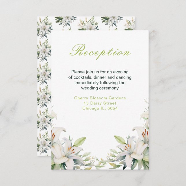Tarjeta De Recepción Boda de Flores de Lirio Blanco (Anverso / Reverso)