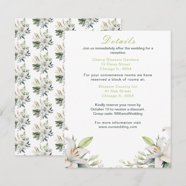 Tarjeta De Recepción Boda de Flores de Lirio Blanco (Anverso / Reverso)