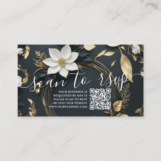 Tarjeta De Recepción Boda de flores de oro QR sitio web RSVP (Anverso)