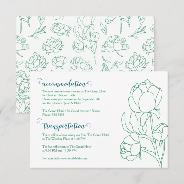 Tarjeta De Recepción Boda de flores de peones de mano verde (Anverso / Reverso)