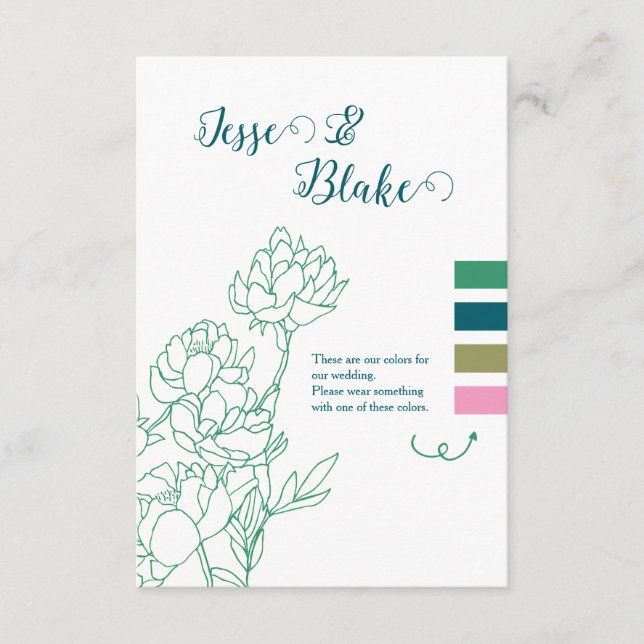 Tarjeta De Recepción Boda de flores de peones de mano verde (Anverso)