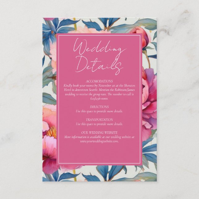 Tarjeta De Recepción Boda de Flores de Peones Rosa y Rosa (Anverso)