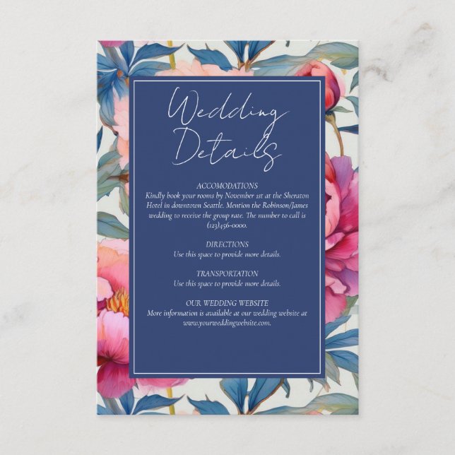 Tarjeta De Recepción Boda de Flores de Peones Rosa y Rosa (Anverso)