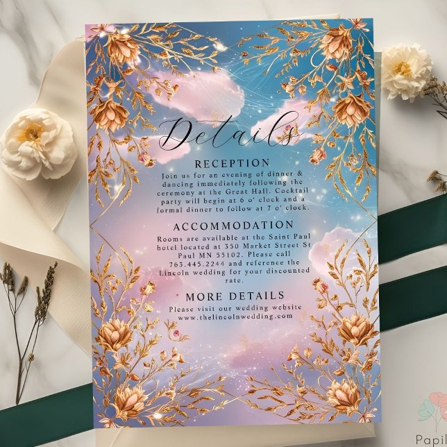 Tarjeta De Recepción Boda de flores doradas del cielo del amor (Subido por el creador)