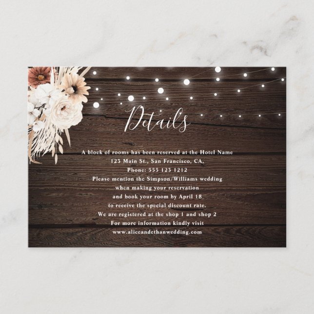 Tarjeta De Recepción Boda de Flores Neutrales Rusas Boho Detalles Enclo (Anverso)