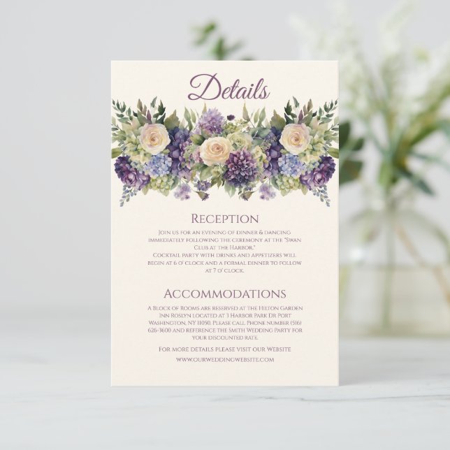 Tarjeta De Recepción Boda de flores púrpura acuarela - (Anverso de pie)