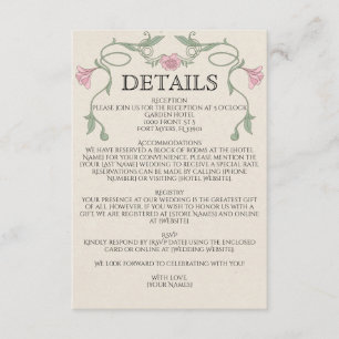 Tarjeta De Recepción Boda de flores rosadas Art Nouveau vintage