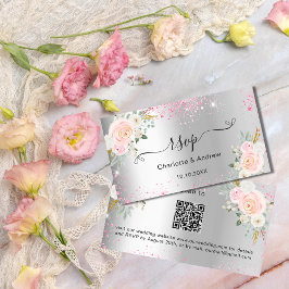 Tarjeta De Recepción Boda de flores rosadas plateadas sitio web RSVP có