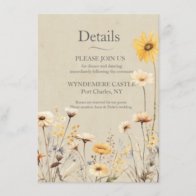 Tarjeta De Recepción Boda de flores silvestres amarillas (Anverso)