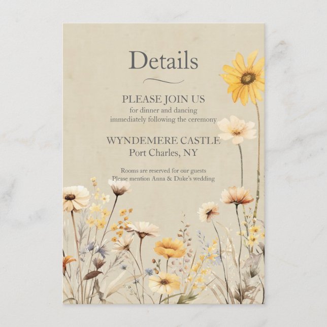 Tarjeta De Recepción Boda de flores silvestres amarillas (Anverso)