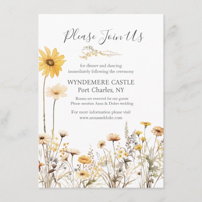 Tarjeta De Recepción Boda de flores silvestres amarillas (Anverso)