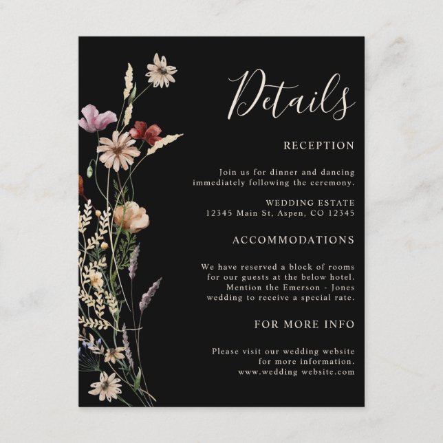 Tarjeta De Recepción Boda de flores silvestres boho negras (Anverso)