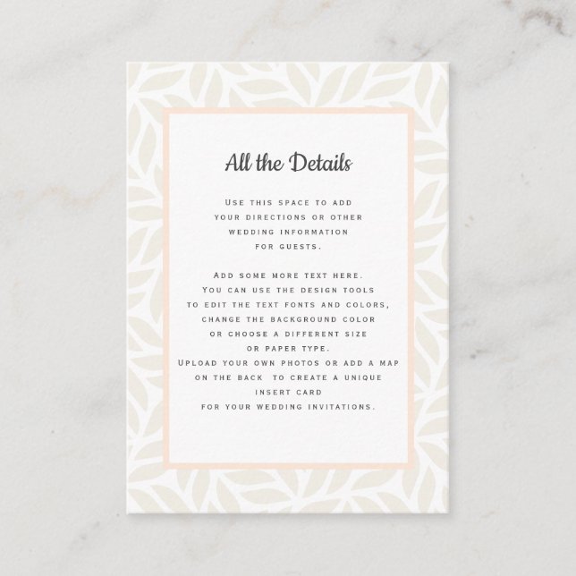 Tarjeta De Recepción Boda de follaje abstracto crema Instrucciones de d (Anverso)