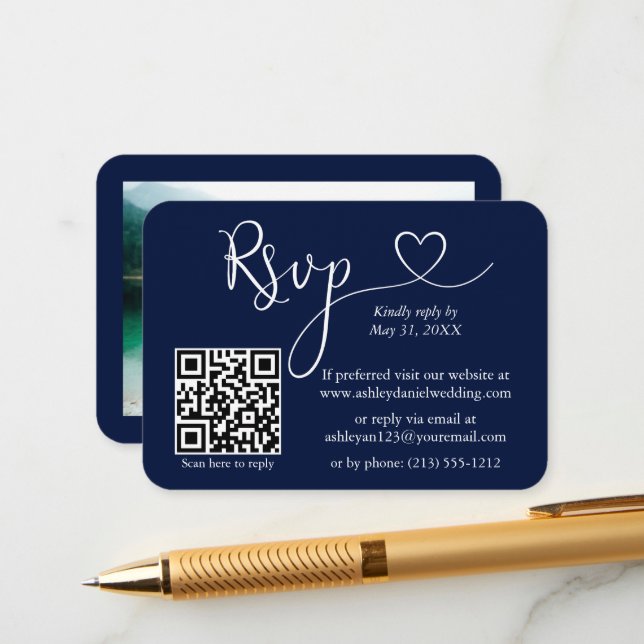 Tarjeta De Recepción Boda de fotografía cardiaca caligrafía Azul RSVP Q (Anverso/Reverso In Situ)