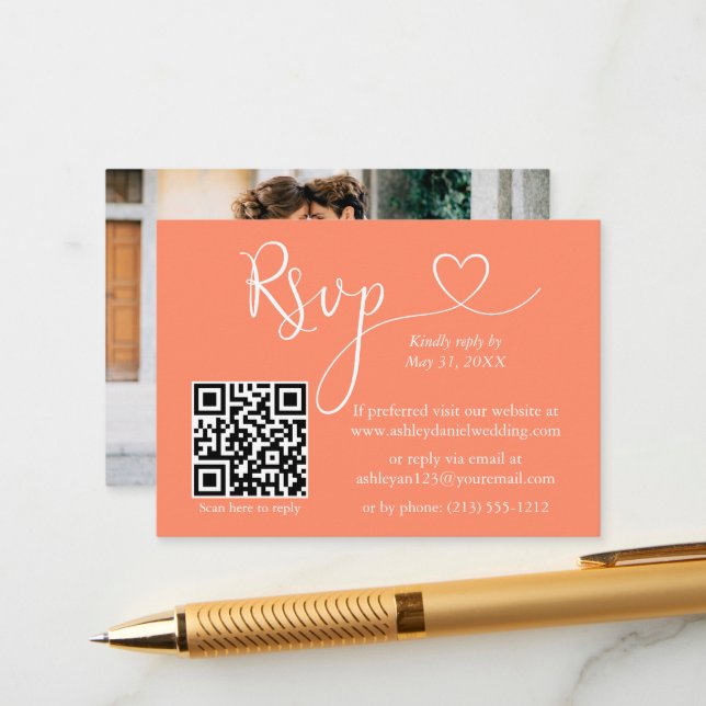 Tarjeta De Recepción Boda de fotografía cardiaca de caligrafía Coral QR (Anverso/Reverso In Situ)