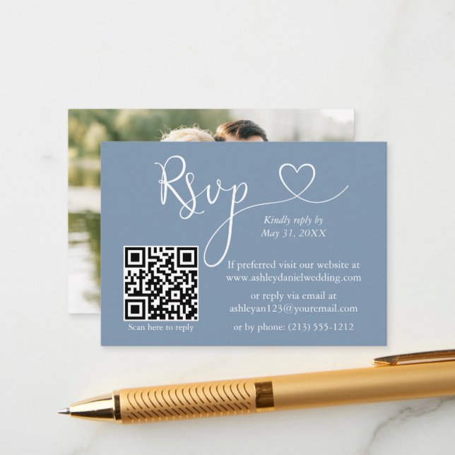 Tarjeta De Recepción Boda de fotografía cardiaca Dusty Blue QR RSVP (Anverso/Reverso In Situ)