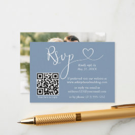 Tarjeta De Recepción Boda de fotografía cardiaca Dusty Blue QR RSVP