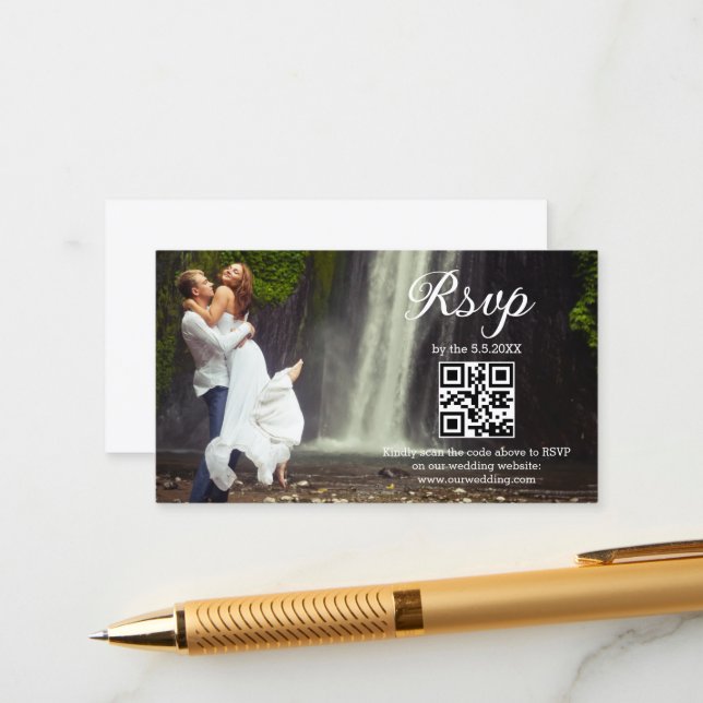 Tarjeta De Recepción boda de fotos de código rsvp qr de escritura mínim (Anverso/Reverso In Situ)