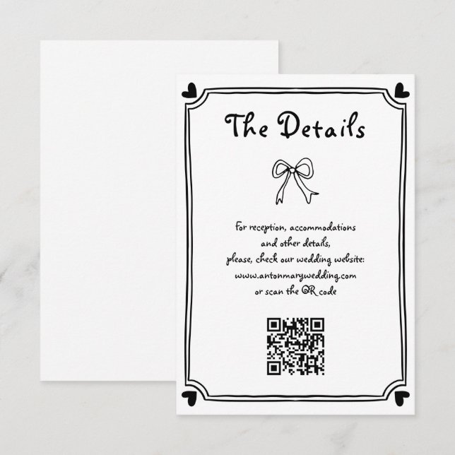 Tarjeta De Recepción Boda de garabatos dibujado con mano blanca y negra (Anverso / Reverso)