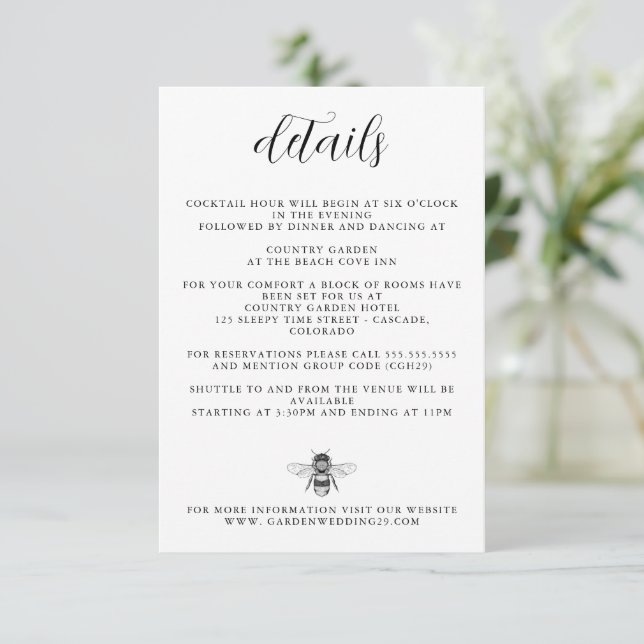 Tarjeta De Recepción Boda de Garden Bee (Anverso de pie)