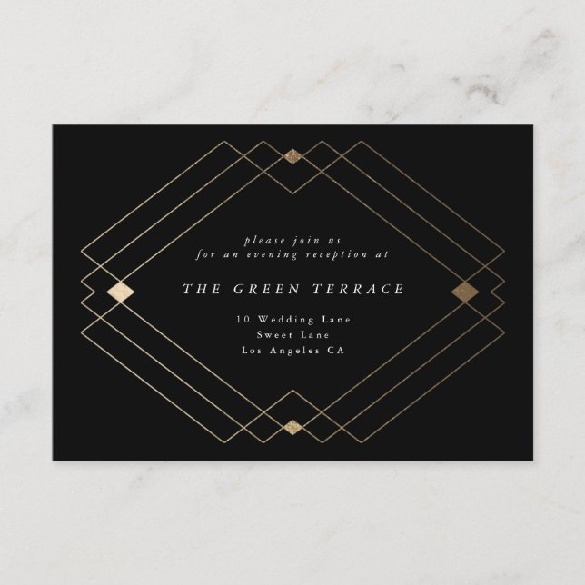 Tarjeta De Recepción Boda de gatsby de deco geométrico de diamante negr (Anverso)