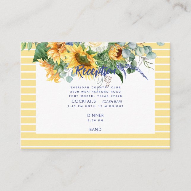 Tarjeta De Recepción Boda de girasol azul y amarillo toscano (Anverso)