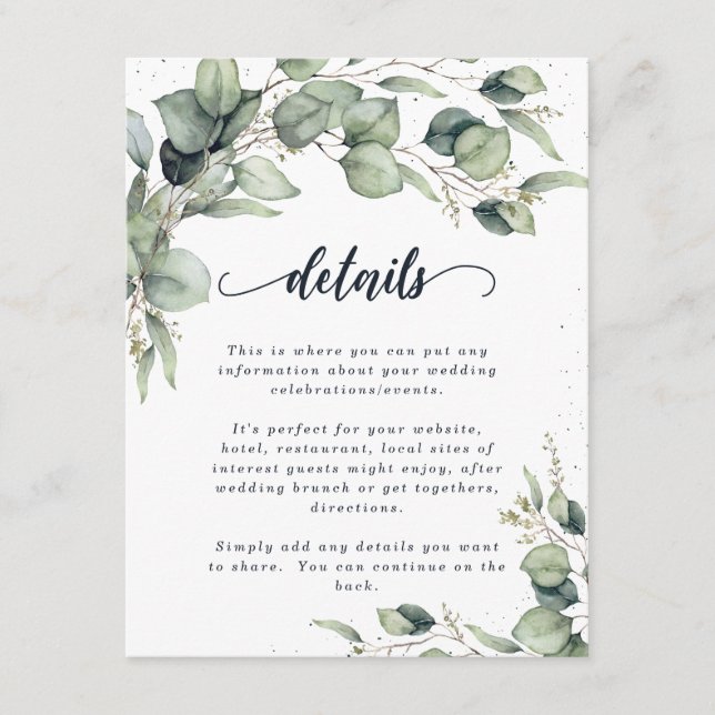 Tarjeta De Recepción Boda de Hojas de Eucalipto Elegantes (Anverso)