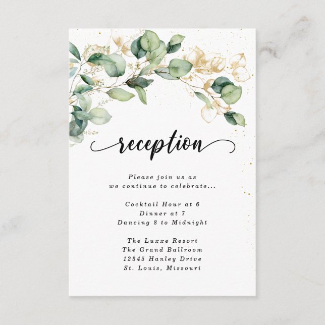 Tarjeta De Recepción Boda de Hojas de Eucalipto Elegantes (Anverso)