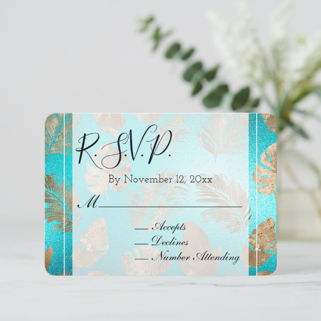 Tarjeta De Recepción Boda de hojas tropicales de oro turquesa RSVP (Anverso de pie)