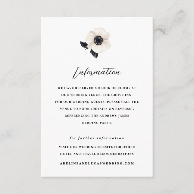 Tarjeta De Recepción Boda de información del hotel Anemone White Flower (Anverso)