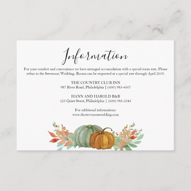 Tarjeta De Recepción Boda de información sobre las calabazas del otoño (Anverso)