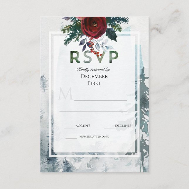 Tarjeta De Recepción Boda de Invierno de Rosas de Montaña Pine RSVP