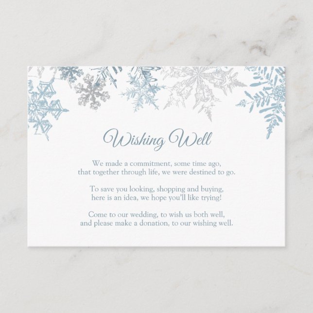 Tarjeta De Recepción Boda De Invierno Deseando Bien, Copo De Nieve Azul (Anverso)