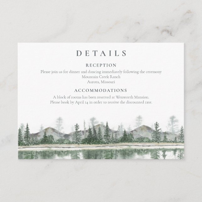 Tarjeta De Recepción Boda de invierno | Detalles de las montañas rustic (Anverso)