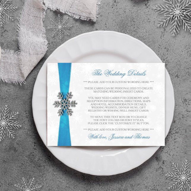 Tarjeta De Recepción Boda de Invierno Diamante Snowflake & Blue Ribbon (Subido por el creador)