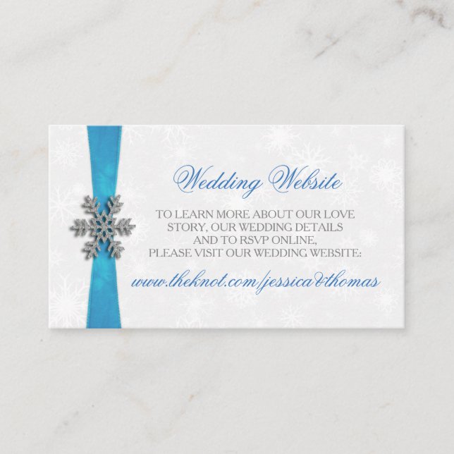 Tarjeta De Recepción Boda de Invierno Diamante Snowflake & Blue Ribbon (Anverso)