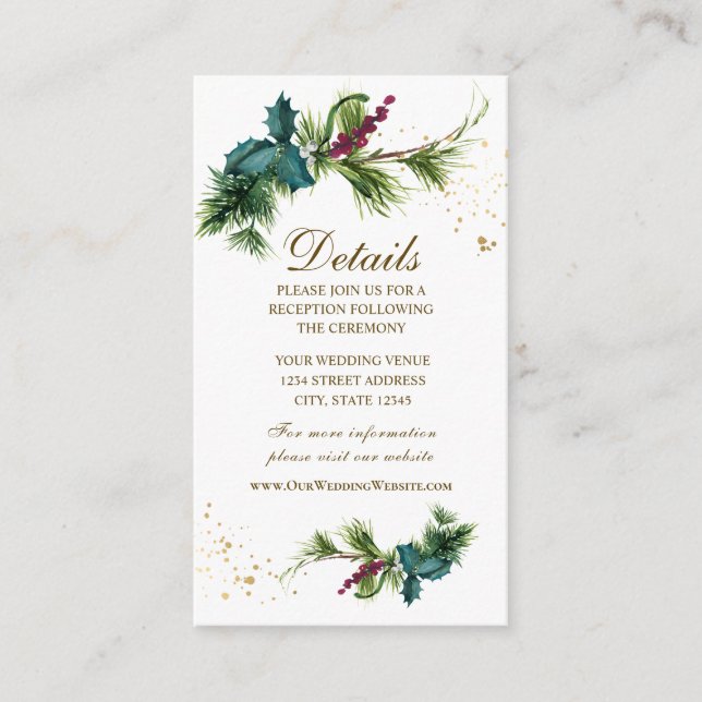 Tarjeta De Recepción Boda de Invierno Evergreen Holly para navidades (Anverso)