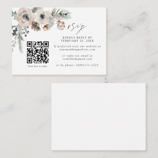 Tarjeta De Recepción Boda de Invierno Rústico Blanco QR Boda Código RSV (Anverso / Reverso)