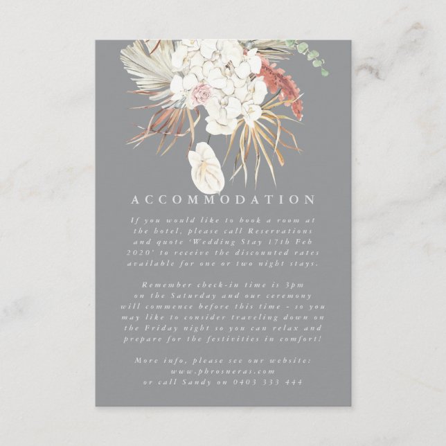 Tarjeta De Recepción Boda de jungla floral de hierba gris Pampas (Anverso)