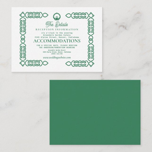Tarjeta De Recepción Boda de Knot Claddagh, célebre verde esmeralda (Anverso / Reverso)